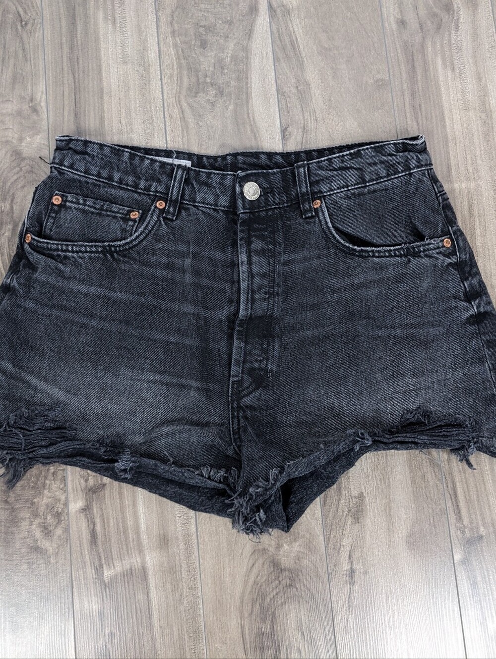 Zara Women's Jeans Denim Shorts Washed Black Button Fly 10 Distressed Cutoffs